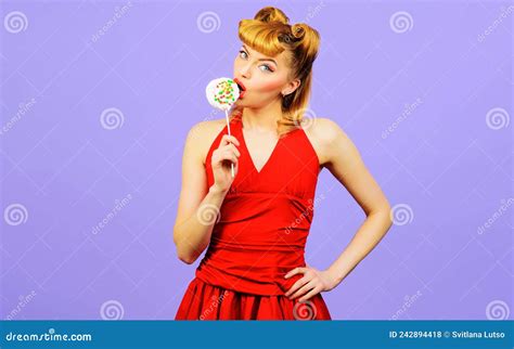 Woman Licking Lollipop Beautiful Girl In Red Dress With Candy Sensual