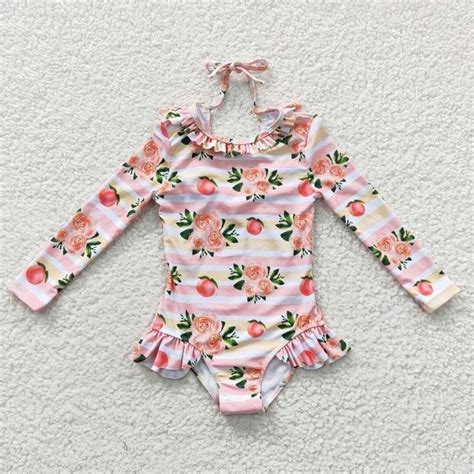 floral peaches long sleeve bathing suit for girls etsy