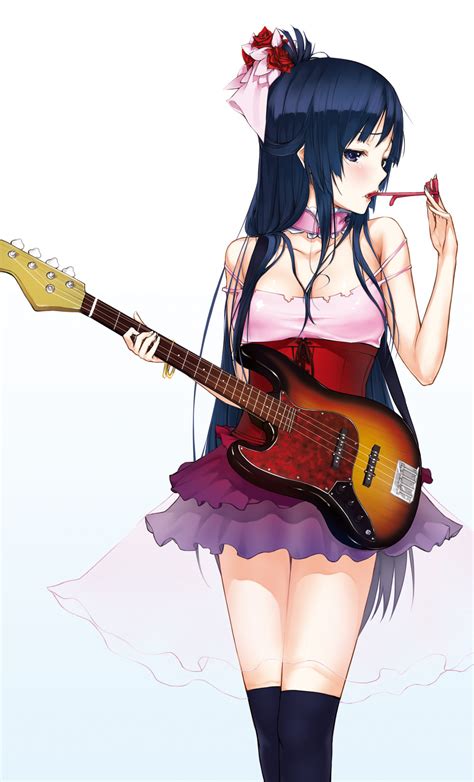 safebooru 1girl akiyama mio bangs bass bass guitar black hair blunt bangs blush breasts corset
