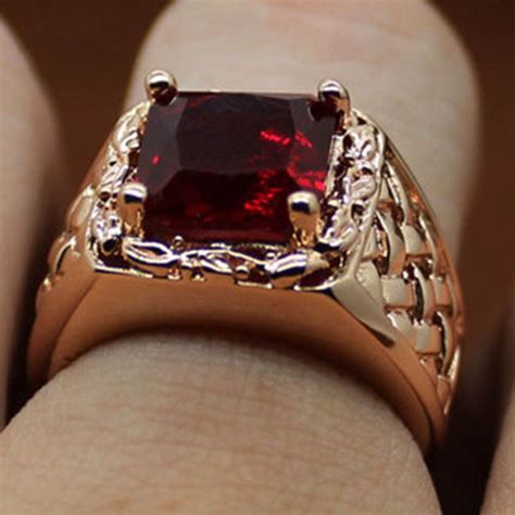 Red Stone Crystal Vintage Big Square Wedding Rings For Menwomen Gold