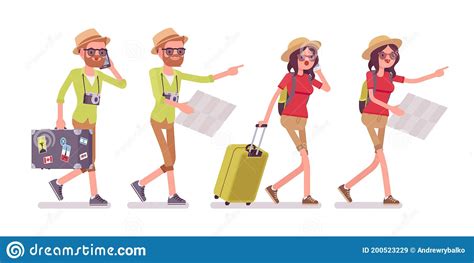 Tourist Man And Woman Walking With Map Stock Vector Illustration Of