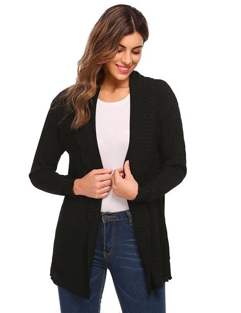 Womens Open Front Shawl Collar Ribbed Knit Cardigan Sweater Black