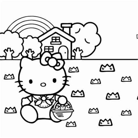 Dibujos De Hello Kitty En El Campo Con Casa Y Arcoiris Para Colorear 🌈