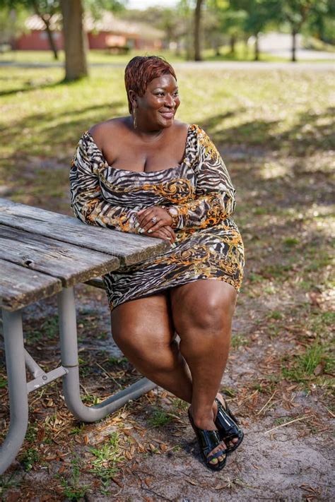 Bbw Big Black Beautiful Model Sitting On A Park Bench Outdoors Stock Image Image Of Healthy