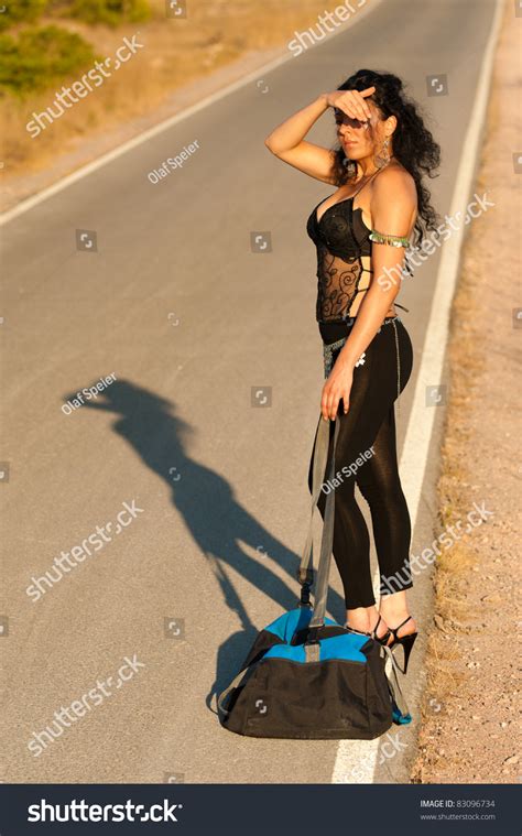Sexy Hitchhiker Hoping Lift On Lonely Stock Photo 83096734 Shutterstock