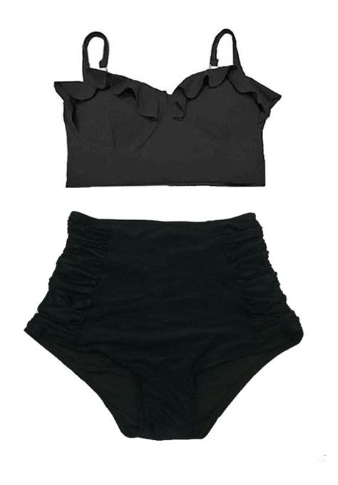 High Waisted Swimsuit Black Midkini Top And Black Ruched High Waist