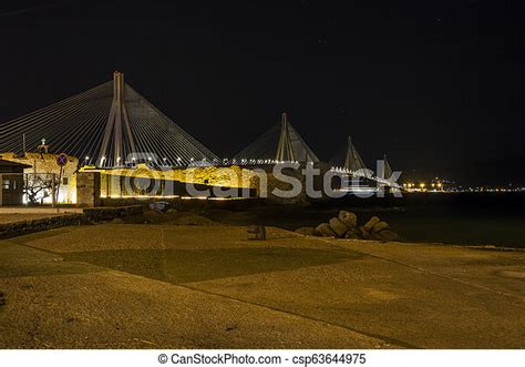 View Of Rio Antirio Bridge At Night Greece The Rio Antirrio Bridge Is