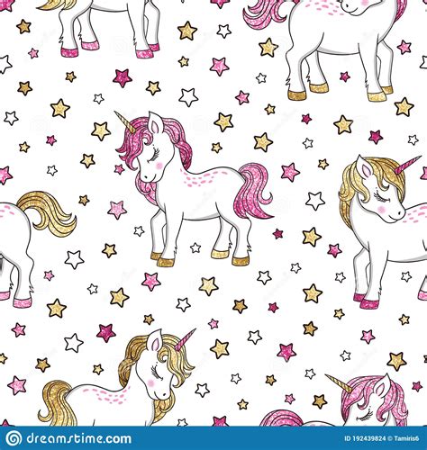 Vector Fairytale Seamless Pattern With Gold And Pink Glitter Unicorns