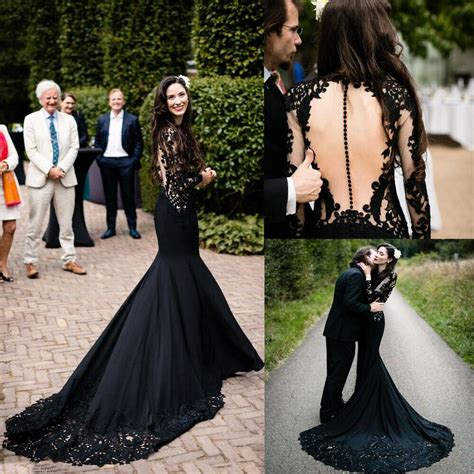 Black Twilight Wedding Dresses Long Sleeve Gothic Mermaid Bridal Gown With Train Black Wedding