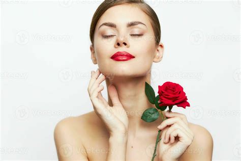 Woman With Rose Eyes Closed Red Lips Luxury 22519657 Stock Photo At