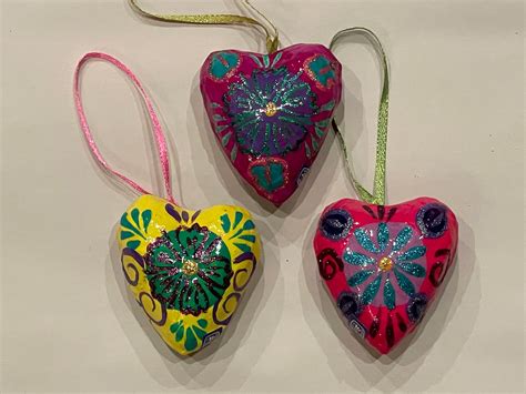 Set Of Three Small Heart Ornaments Paper Mache Valentine Etsy