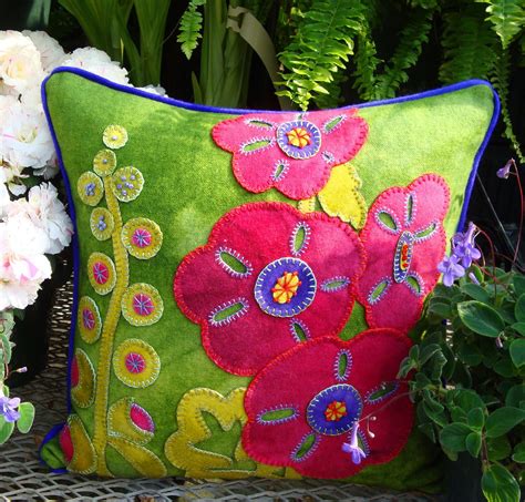 Hurray For Hollyhocks Wool Applique Throw Pillow By The Wooly Lady