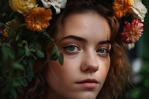 Premium Ai Image Closeup Of Girls Face With Flowers And Greenery Surrounding Her Created With
