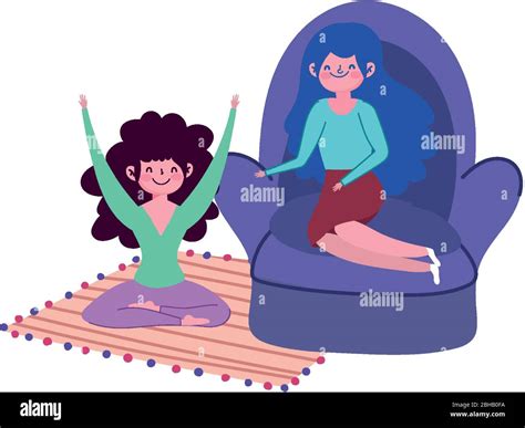 Woman In Chair And Girl Yoga Pose Quarantine Stay At Home Vector