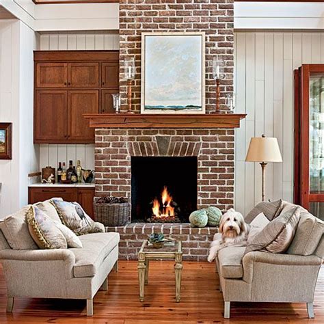 living rom with red brick fire place | 30 Modern Living Room Ideas with
