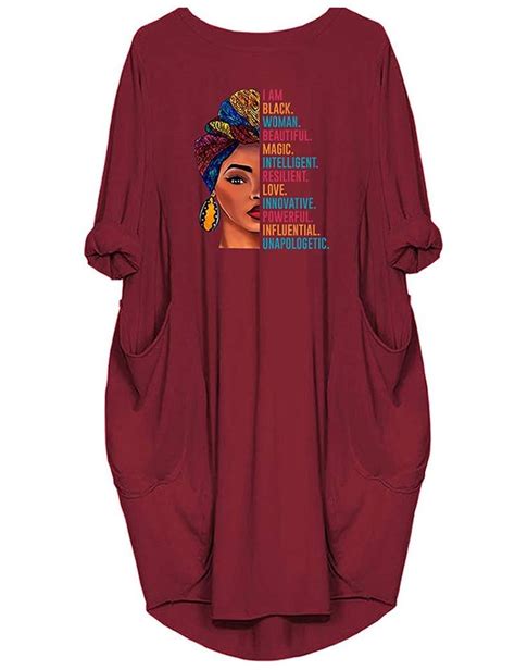Wbjetr Black Woman Beautiful Magic Long Sleeve Loose Pocket Oversize Tunic Dress T Shirt Dress