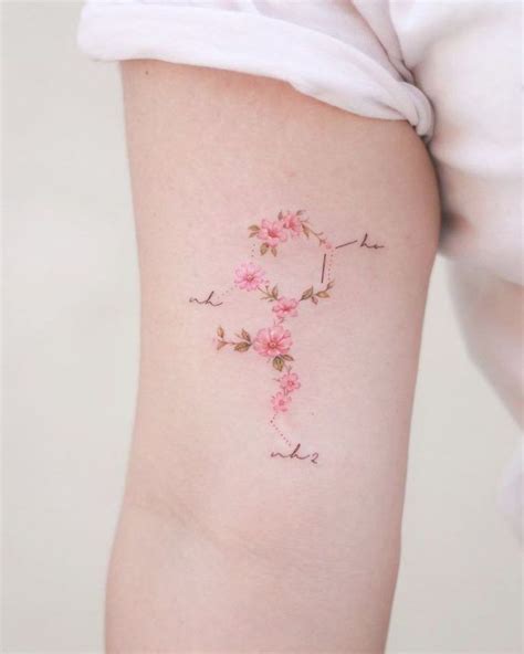 Serotonin Structural Formula With Pink Flowers Tiny Tattoos For Girls