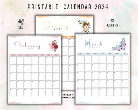 2024 Printable Calendar Watercolor Floral Monday Start Etsy
