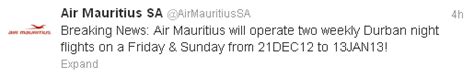 The African Aviation Tribune • Mauritius Air Mauritius Resumes Direct
