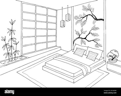 Asia Bedroom Graphic Black White Home Interior Design Sketch