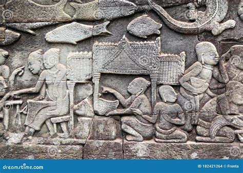 Wall Carving Of Prasat Bayon Temple Angkor Wat Complex Siem Reap