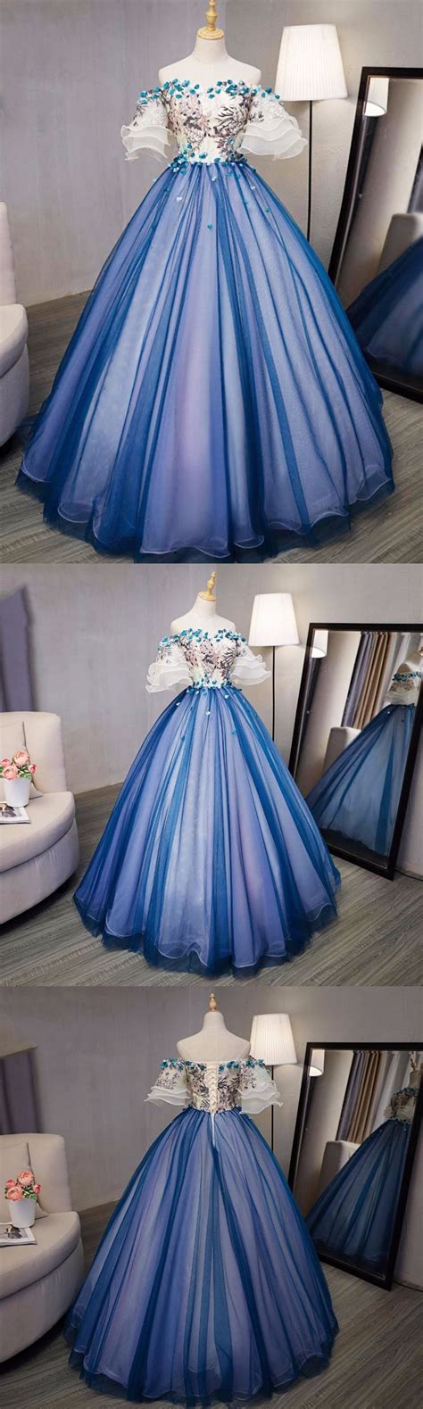 ball gown prom dresses royal blue and ivory hand made flower prom dress evening dress jkl348