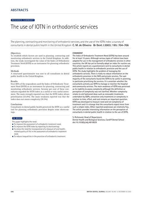 Pdf Research Summary The Use Of Iotn In Orthodontic Services