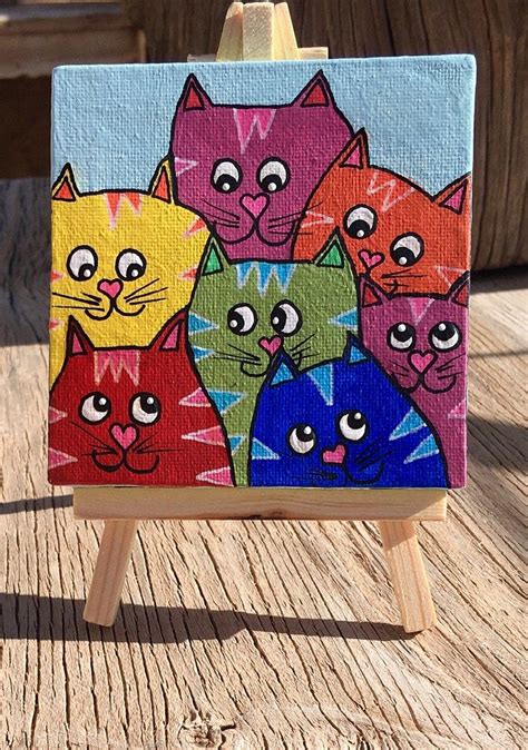 7 Cats Mini Acrylic Painting 4 X 4 Canvas With Mini Easel Display