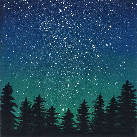 Night Sky Painting Starry Tree Landscape Blue Green Black