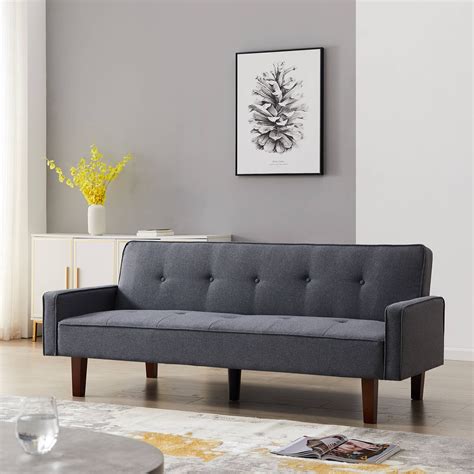 Modern Futon Sofa Bed Linen Fabric Sleeper Sofa Convertible Reclining Upholstered Couch Bed