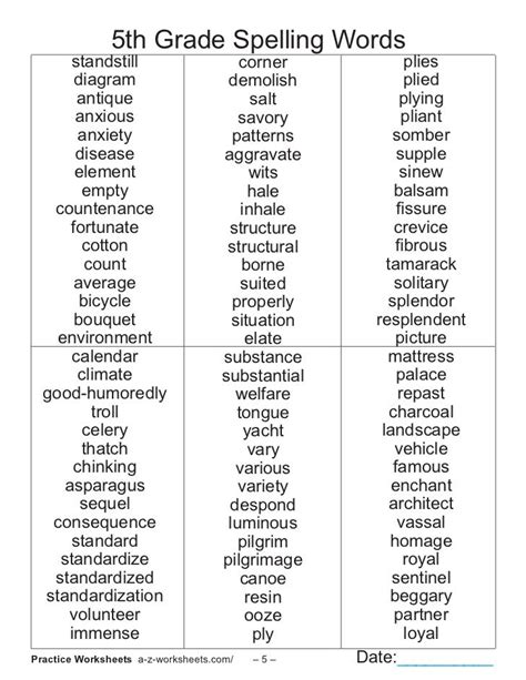 Vocabulary Words For 5th Graders