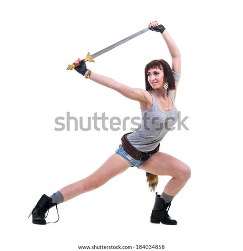 Young Warrior Woman Holding Sword Isolated Stock Photo 184034858