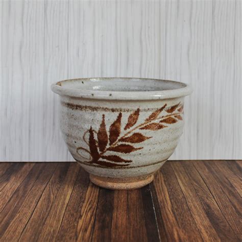 Vintage Stoneware Planter Gray With Brown Leaf Branch Design Handmade