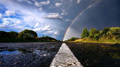 1920x1080 Resolution Rainbow And Green Trees Nature Rainbows Road