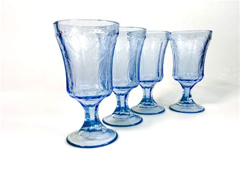 4 Vintage Water Glasses Goblets Blue Glasses Four Heavy Glasses W Panels And Embossed Designs