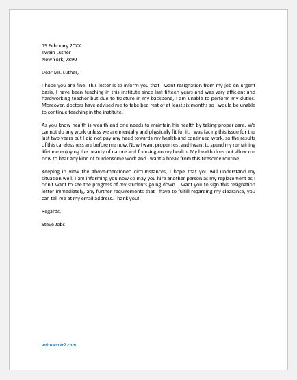 Immediate Resignation Letter Due To Health Reason