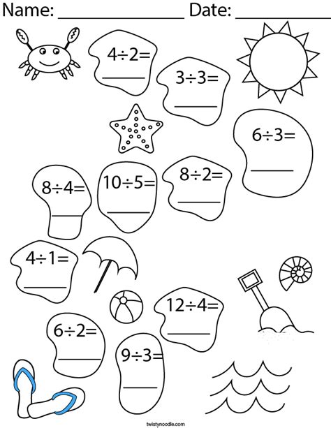 Division At The Beach Math Worksheet Twisty Noodle