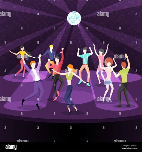 People Dancing In Nightclub Dance Floor In Flat Style Design Party Disco Music And Nightlife