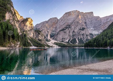 Peaceful Alpine Lake Braies In Dolomites Mountains Lago Di Braies