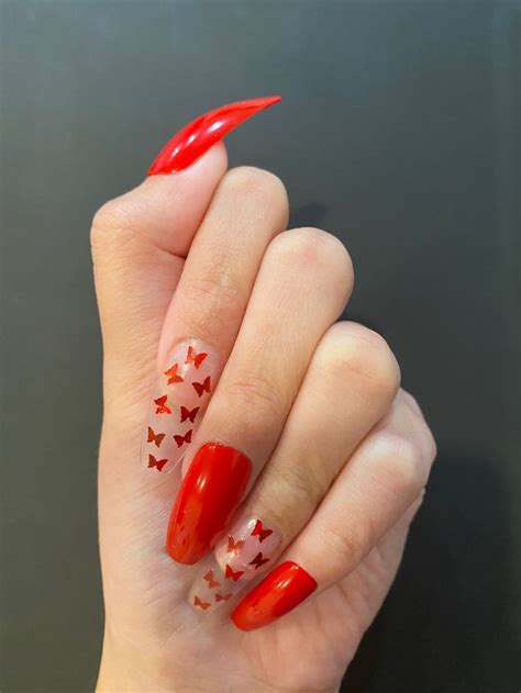 Press On Nails Red Butterflies Etsy Red Ombre Nails Red Nails