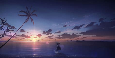 Download 3840x2160 Anime Seascape Sunset Horizon Clouds Dawn Anime