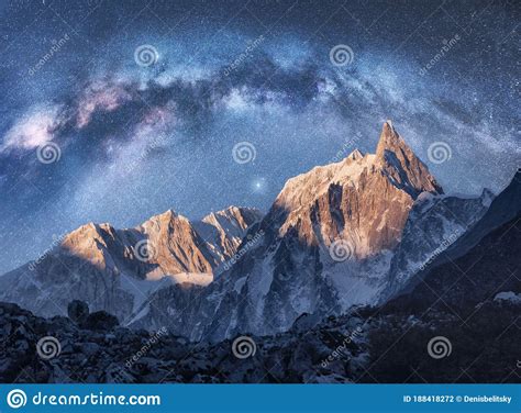 Milky Way Over Beautiful Mountains At Night Space Landscape Stock