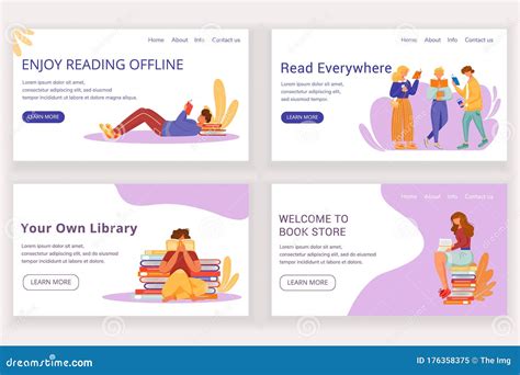 Reading Book Landing Page Vector Template Set Stock Vector