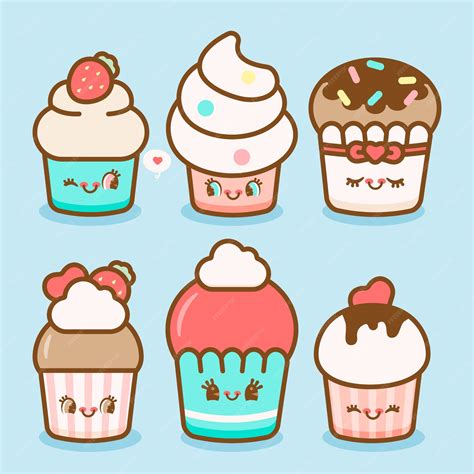 Premium Vector Six Cute Kawaii Cupcakes Set