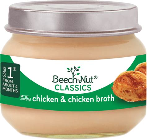 Try pear, spinach, and pea, or banana and pumpkin. Beech-Nut® Classics Chicken and Chicken Broth Stage 1 Baby ...