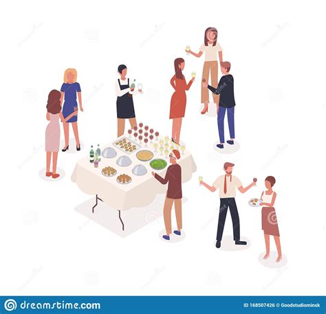 social event isometric vector illustration guests drinking wine tasting snacks at banquet