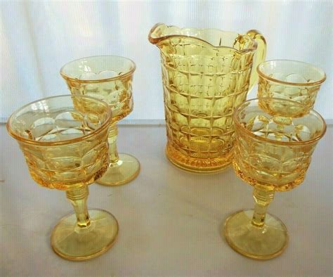 Tiara Indiana Glass Yellow Mist Constellation Pitcher And 8 Oz Goblets 5 Piece Set Indiana Glass