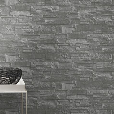 Rasch Factory Slate Brick Faux 3d Effect Grey Wallpaper Rasch 475029