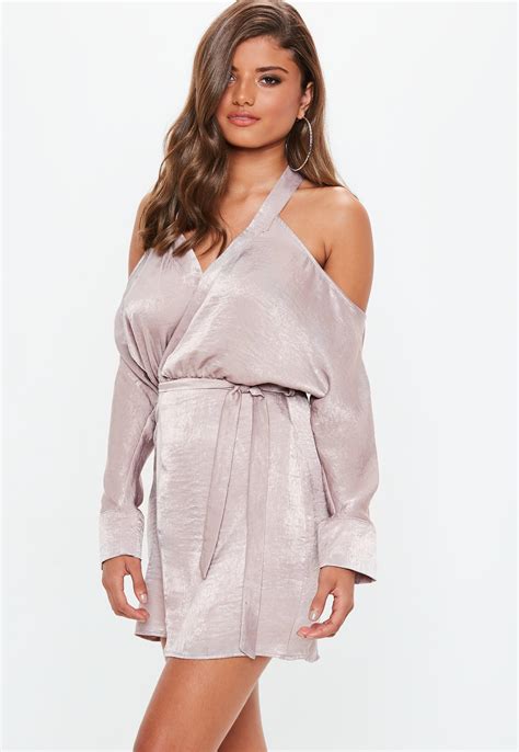 Missguided Pink Cold Shoulder Satin Plunge Mini Dress In Pink Lyst