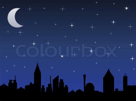 Silhouette Of The City And Night Sky With Stars And Moon Vector